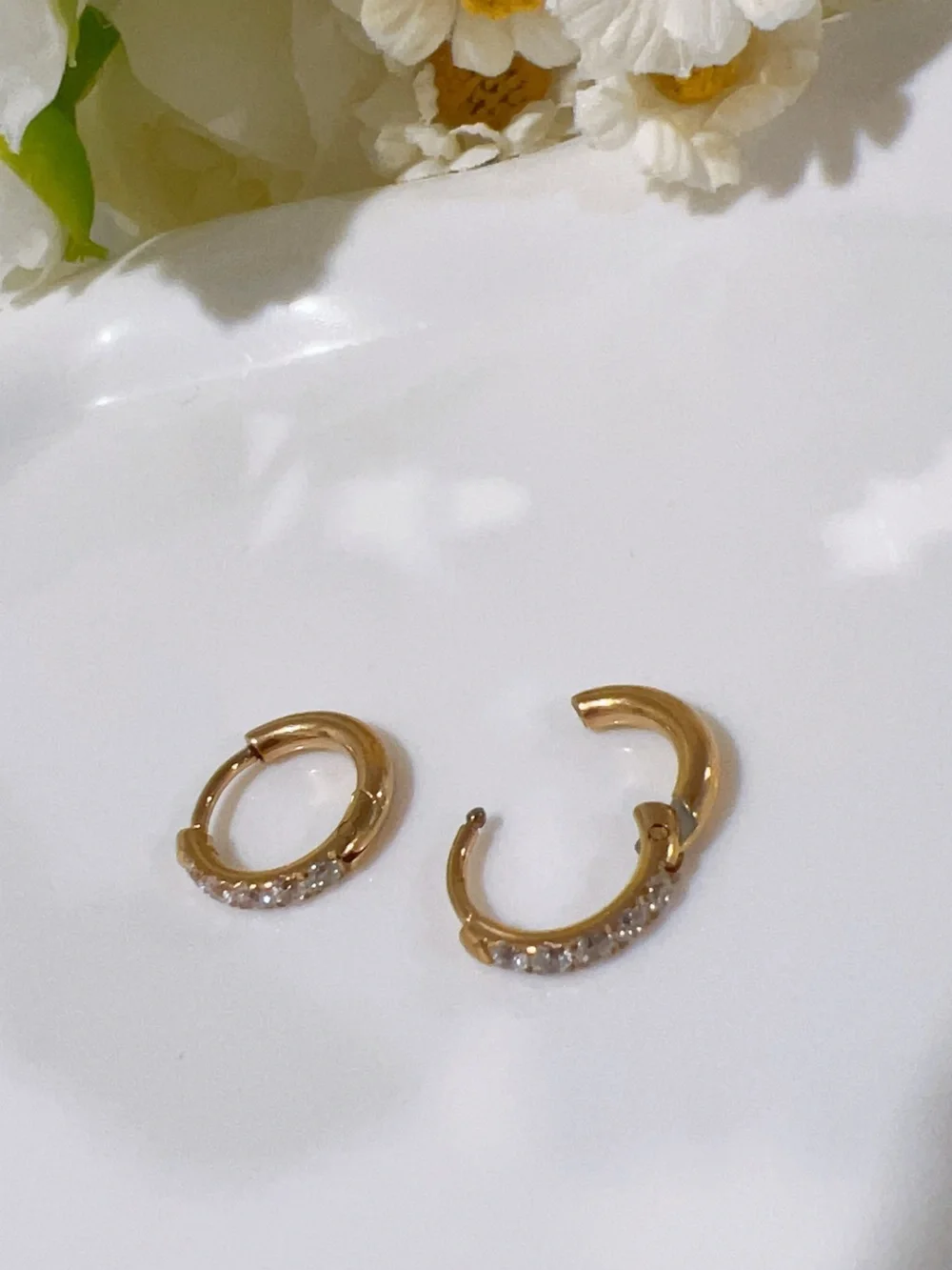 Gold Plated Hoop Huggie Earrings with Clear CZ Stones 8mm
